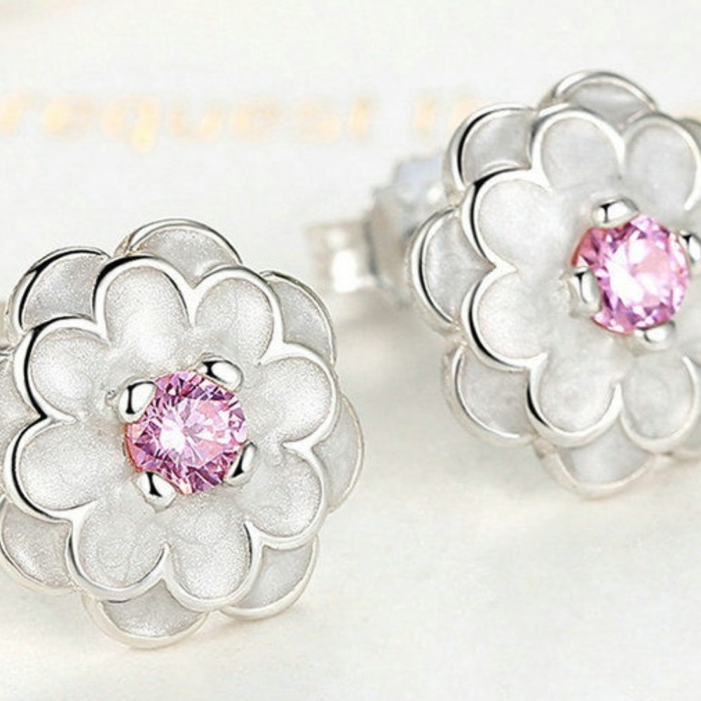 Spring White & Pink Flower sterling Stud earrings - Picture 4 of 4